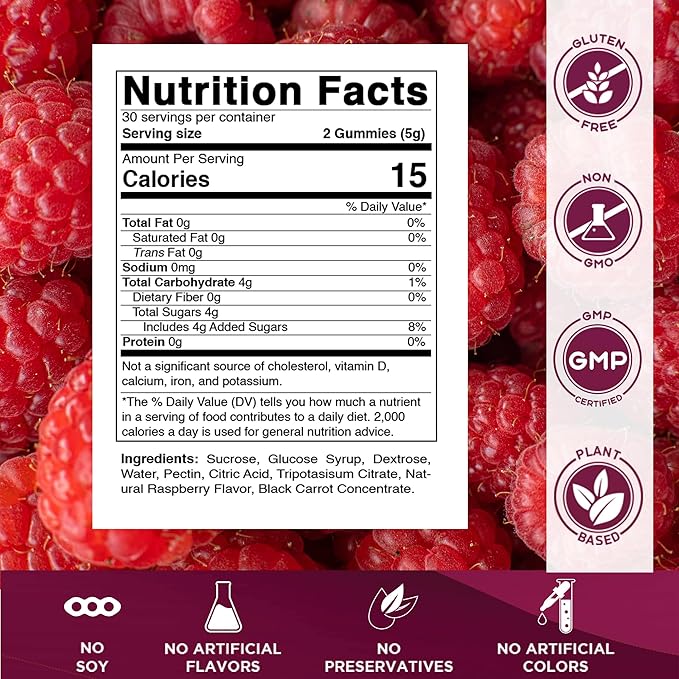 Vitamatic Glucose chewable Gummies - 60 Count - Natural Raspberry Flavor - 4G of Carbohydrate per Serving (1 Bottle)