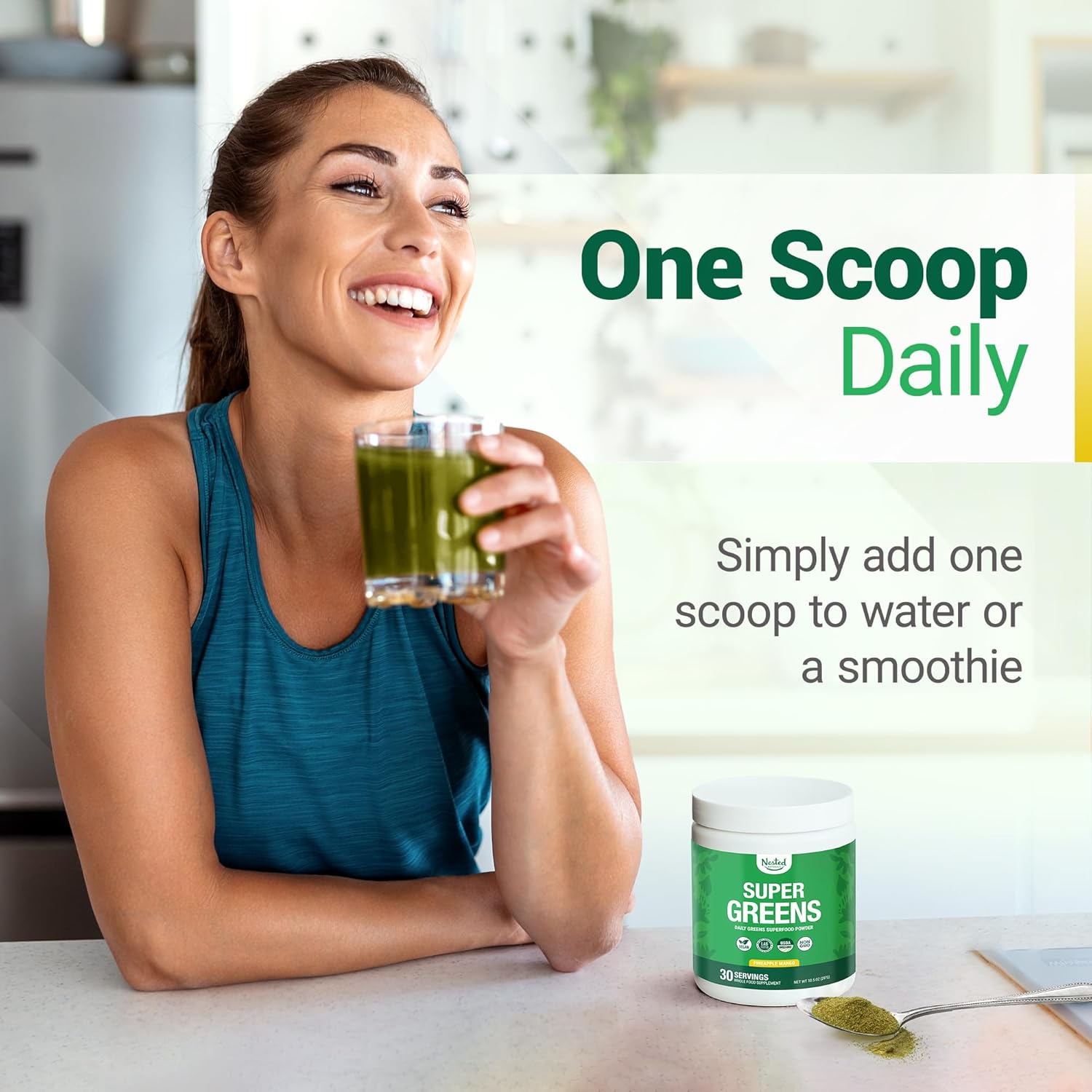 Super Greens Daily Greens Superfood Powder - Certified USDA Organic Green Powder w/20+ Whole Foods, Spirulina, Wheat & Barley Grass - Probiotics, Fiber & Enzymes - Pineapple Mango, 30 Servings