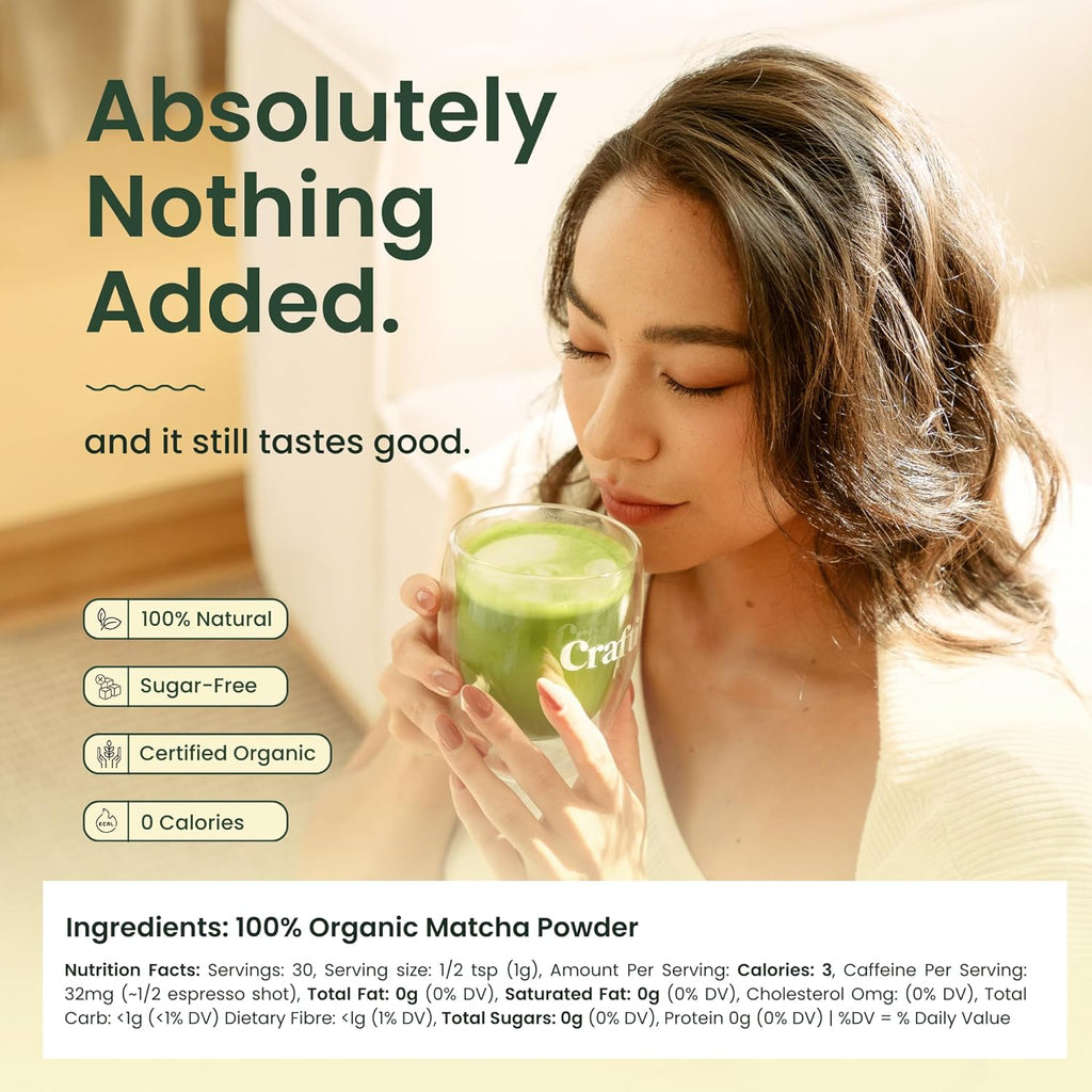 Crafti Ceremonial Grade Matcha Powder (Organic) - Unsweetened Authentic Japanese Daily Matcha Green Tea Powder from Uji, Kyoto for Barista-Grade Lattes (30g / 1oz)