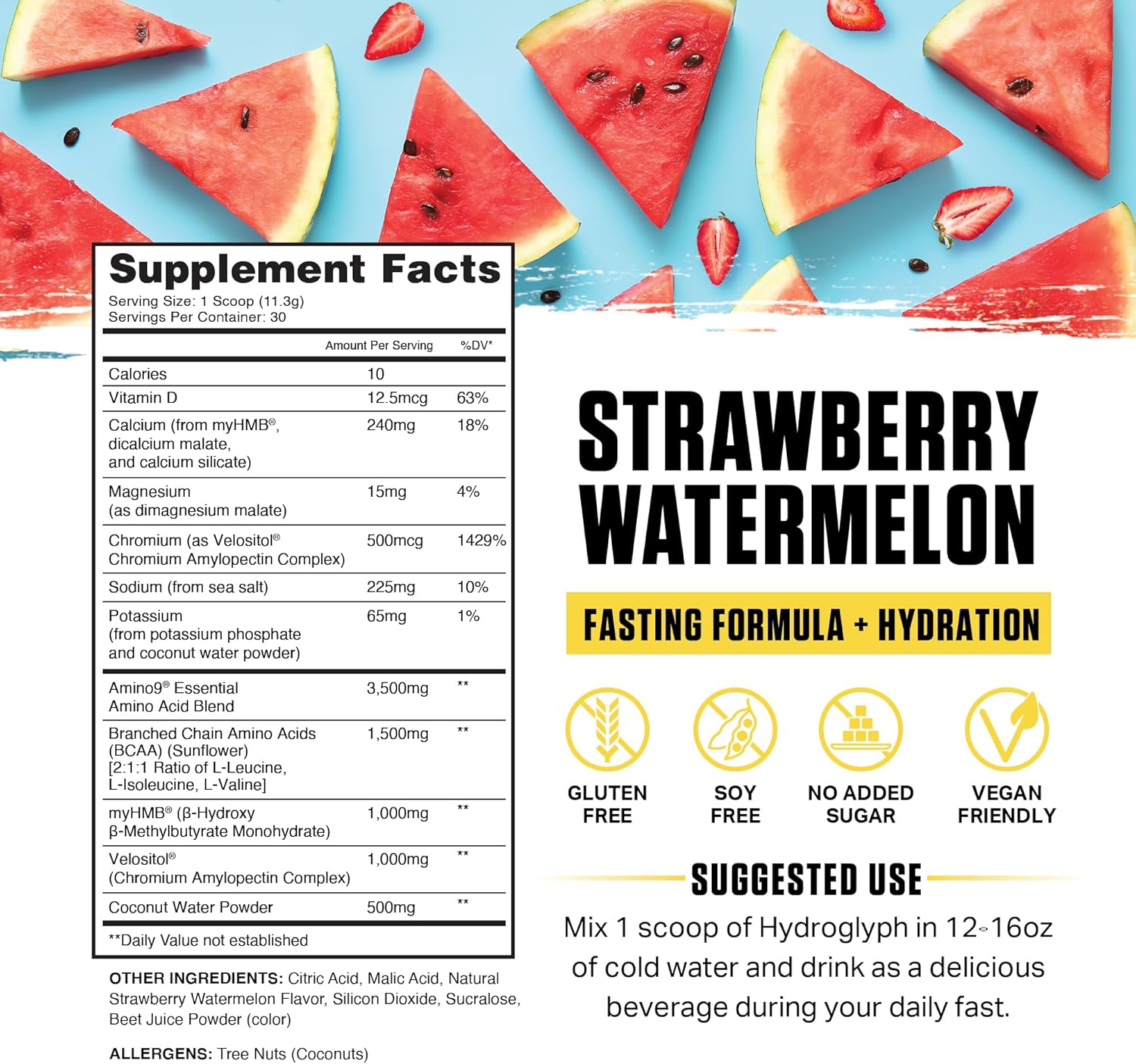 Ambrosia Hydroglyph Intraworkout Electrolytes Hydration Drink Mix | Sugar Free Electrolyte Powder with Amino Acids | Supports Lean Muscle During Fasting | 30 Servings | Strawberry Watermelon