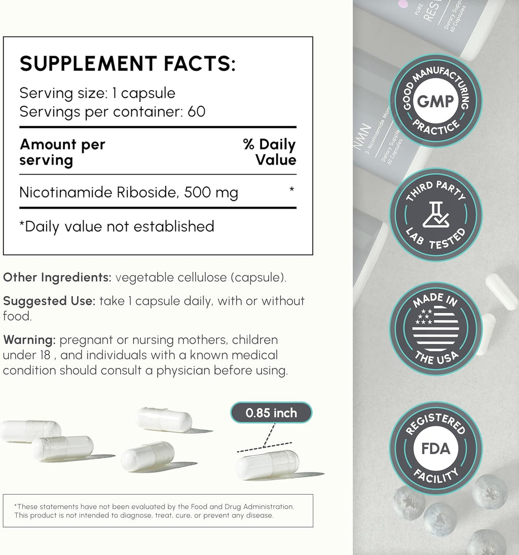 Nicotinamide Riboside (NR) 500mg – NR Supplement for Cellular Health, Anti-Aging, Energy & Metabolism Support – 2-Month Supply (60 Capsules)