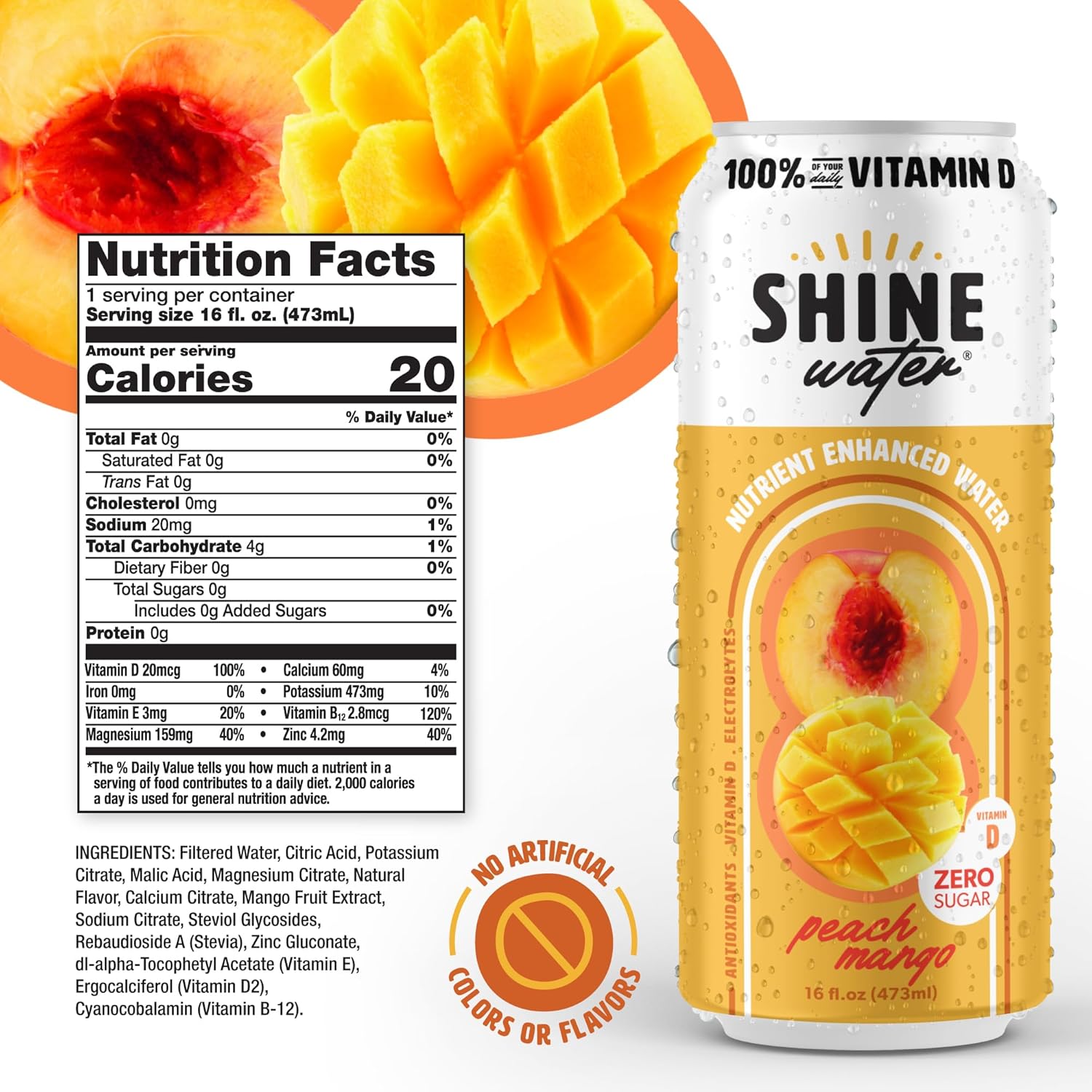 ShineWater Vitamin D Hydration Electrolyte Drink - Flavored water with electrolytes, Sugar-Free, Magnesium, Zinc, Vitamin B12, Plant-Based, Low Calorie - Peach Mango Fruit Water 12 Pack
