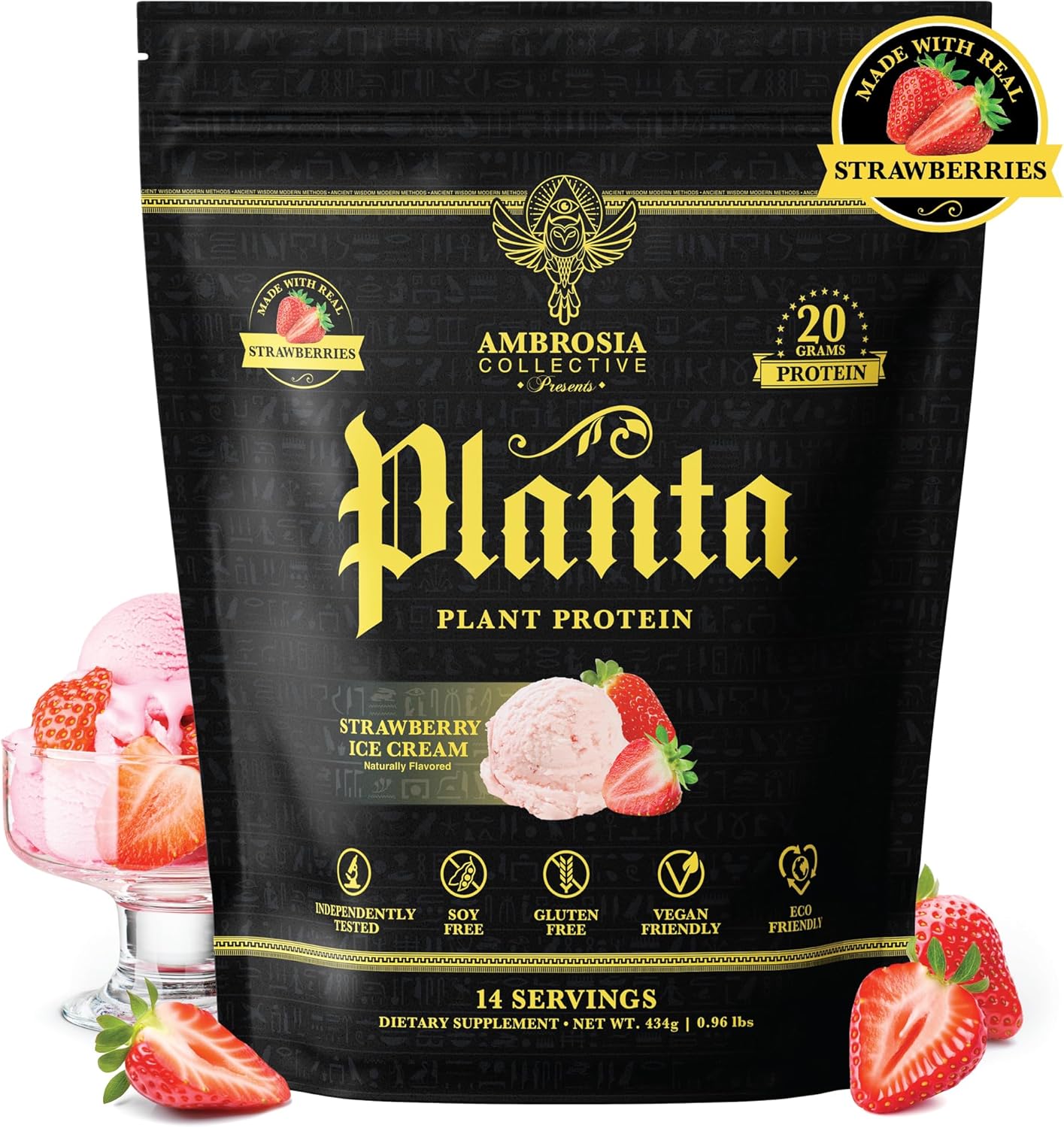 Ambrosia Planta - Premium Organic Plant-Based Protein | Vegan & Keto Friendly | Gourmet Flavors with No Bloating or Stomach Upset | No Added Sugar | 14 Servings | (Strawberry Ice Cream)