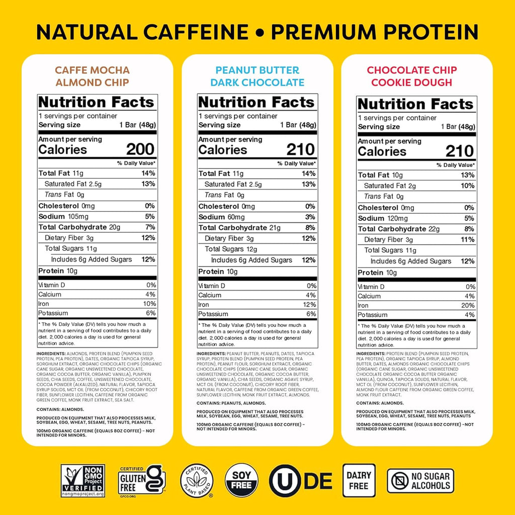 Quantum Energy Square - Peanut Butter Dark Chocolate, Chocolate Chip Cookie Dough, Caffe Mocha Almond Chip - Variety 12-Pack - 4 Bars Each