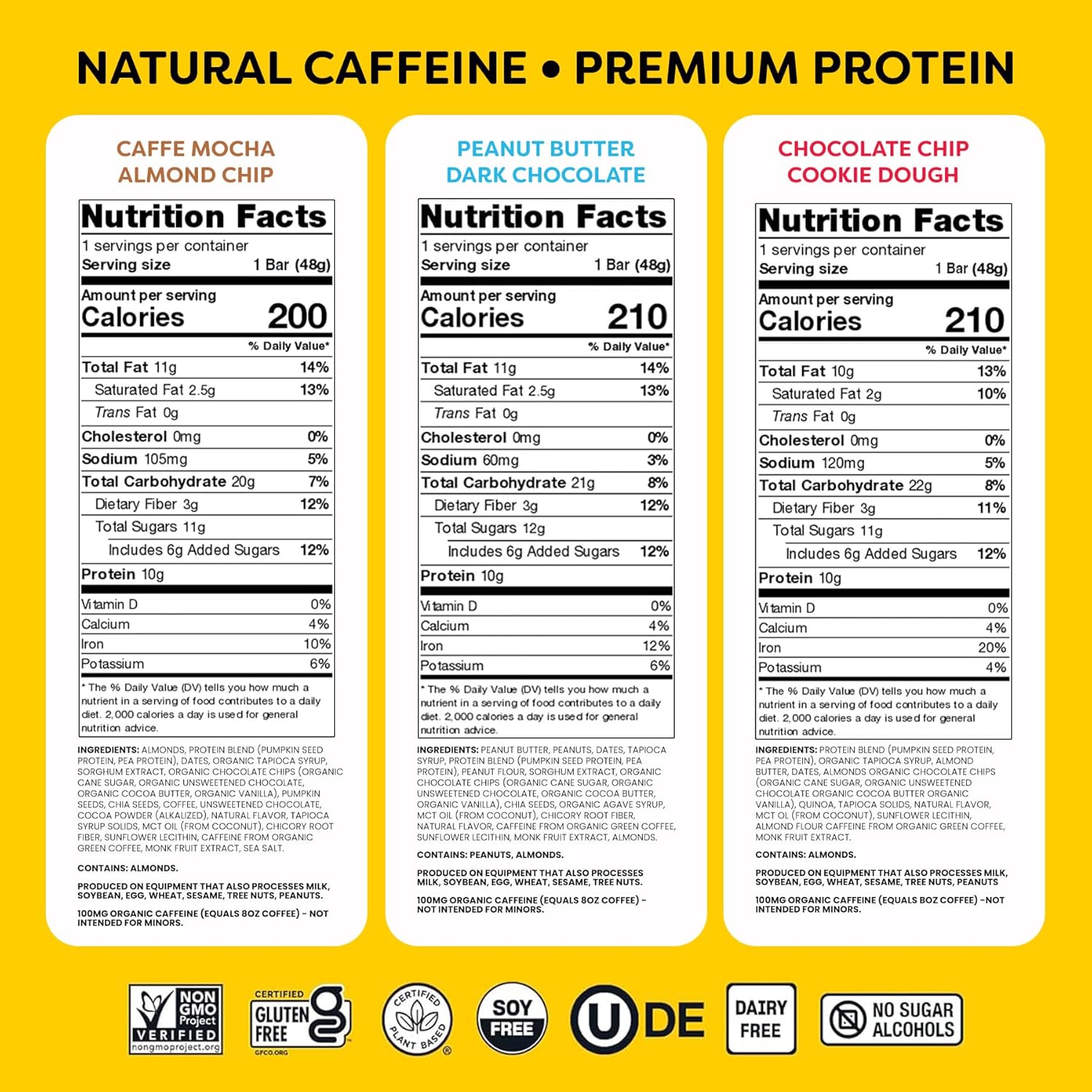Quantum Energy Square - Peanut Butter Dark Chocolate, Chocolate Chip Cookie Dough, Caffe Mocha Almond Chip - Variety 12-Pack - 4 Bars Each