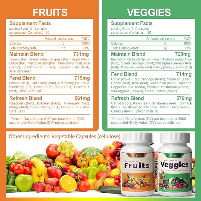 Fruit & Vegetable Supplement - Natural Ingredients - 2 Bottles - 180 Capsules Total | A Blend of 20+19 Natural Whole Fruits & Vegetables, a Fresh superfood Formula Rich in Vitamins and Minerals