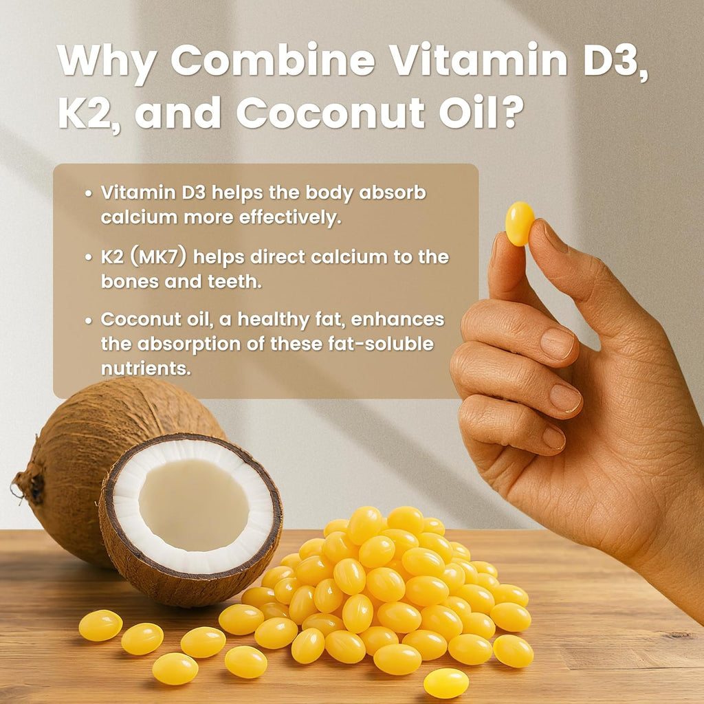 VEV Vitamin D3 K2, 5000 IU D3 100mcg K2 (MK 7), 300 Softgels, Corefeel 2-in-1 Vitamin D & K Supplement with Coconut Oil, Supports Calcium Absorption and Bone Health, Easy to Swallow