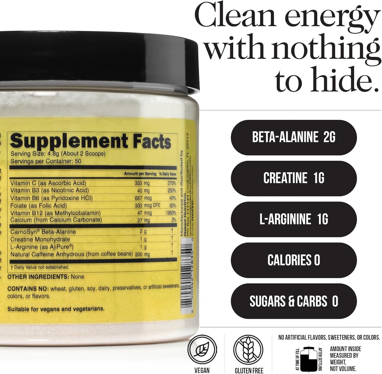 NAKED Energy - Pure Pre Workout Powder for Men and Women, Vegan, Unflavored, Healthy Pre Workout - No Added Sweeteners, Colors Or Flavors - 50 Servings