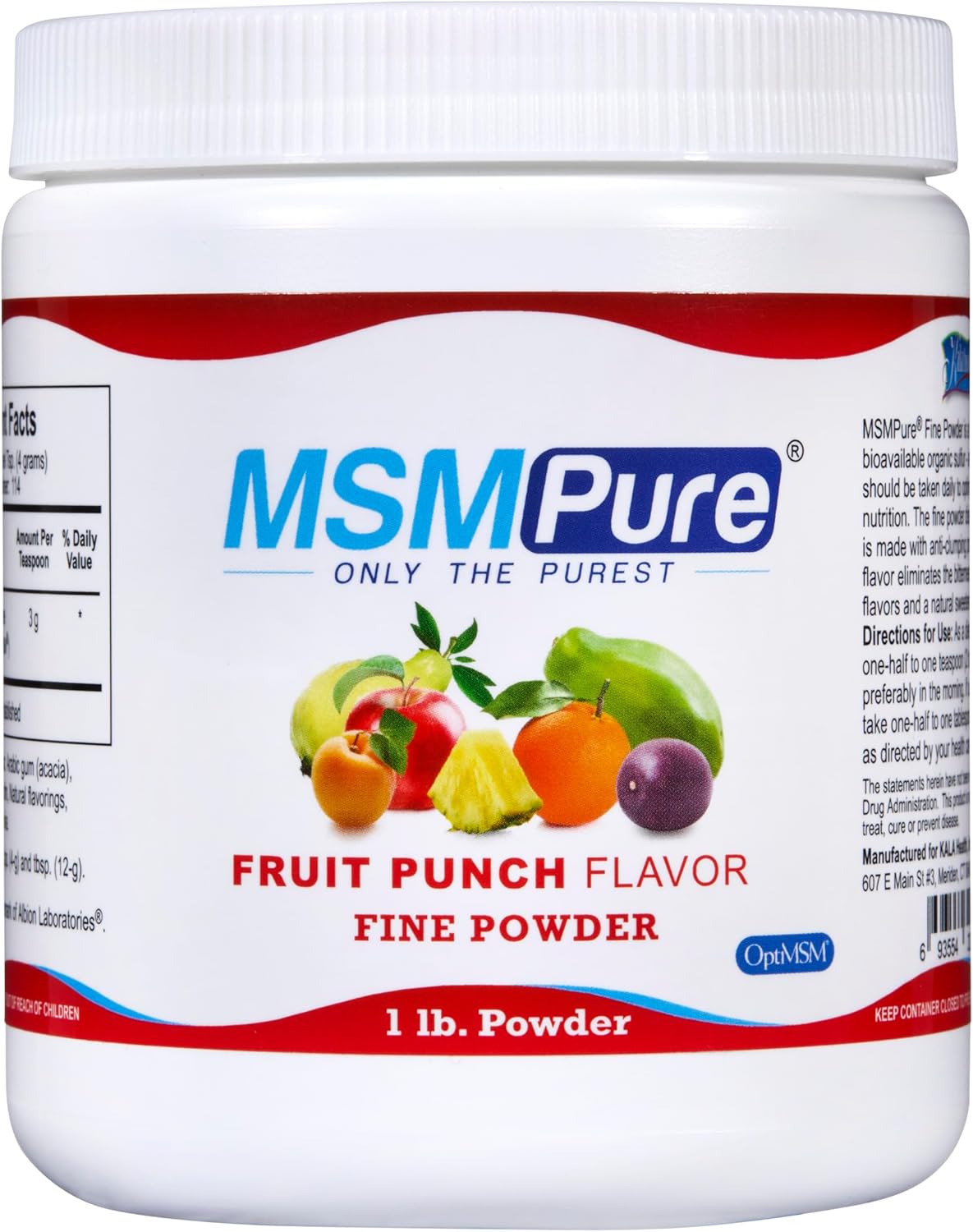 KALA HEALTH MSMPure Fast Dissolving Fruit Punch Flavored Fine MSM Powder Crystals – US-Made MSM for Joint Health, Skin Appearance, and Hair & Nail Support – 1 lb, Organic Sulfur