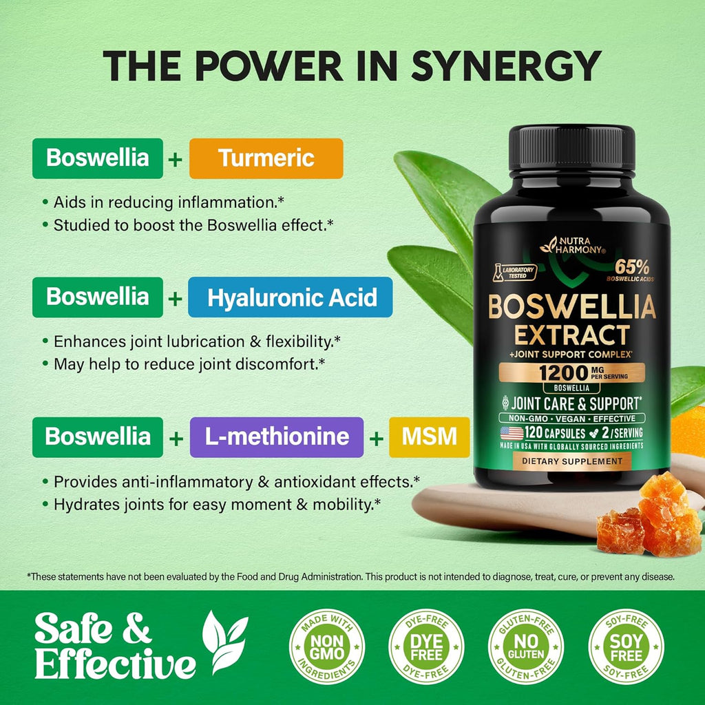 Boswellia 1200mg - Boswellia Extract | Turmeric | Hyaluronic Acid | MSM | Same - Joint Health & Comfort - Boswellia Serrata | 65% Boswellic Acid - for Men & Women - Made in USA - 120 Capsules