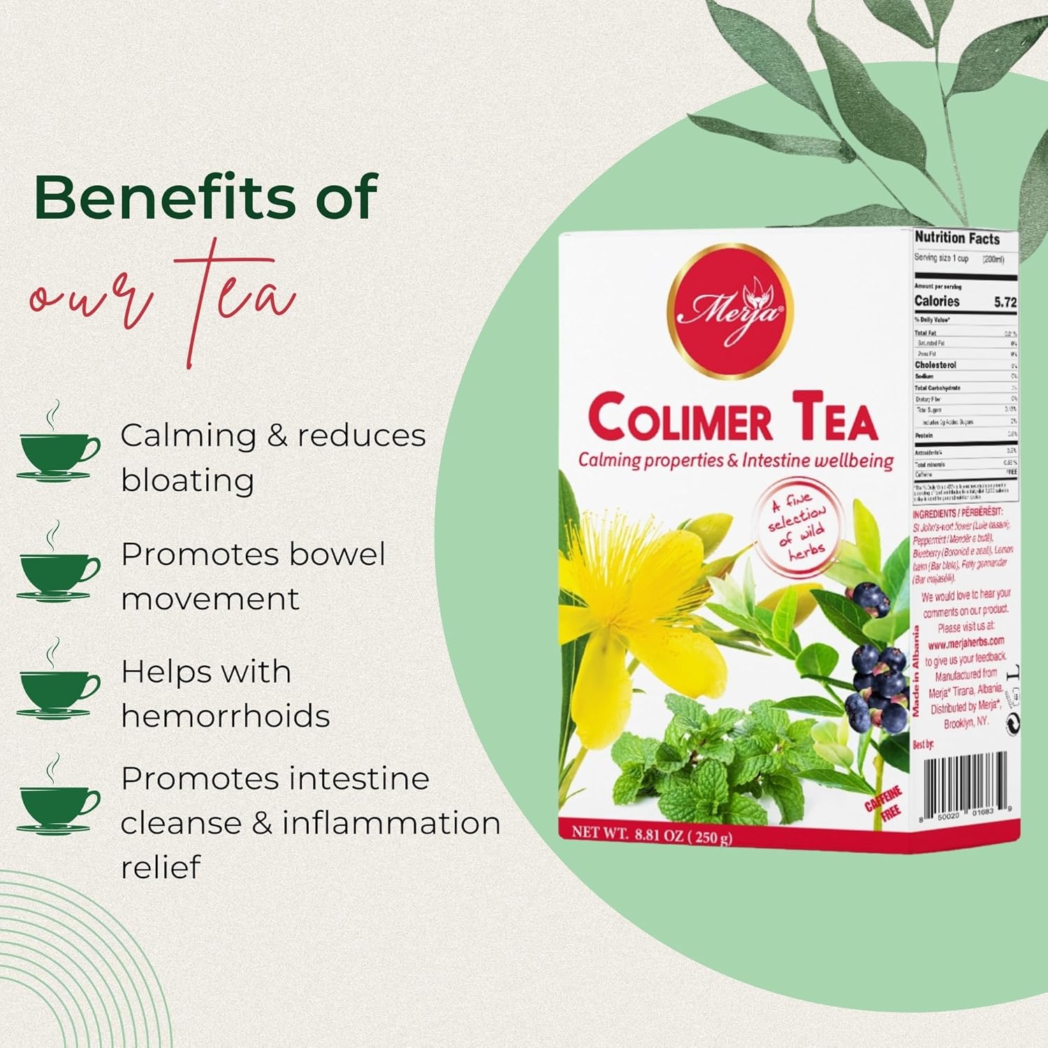 Merja Herbs Colimer Tea - Colon Support & Cleanse & Detox - Helps in Constipations - Caffeine Free - 100% Natural & Premium Quality 250gr 8.82 oz