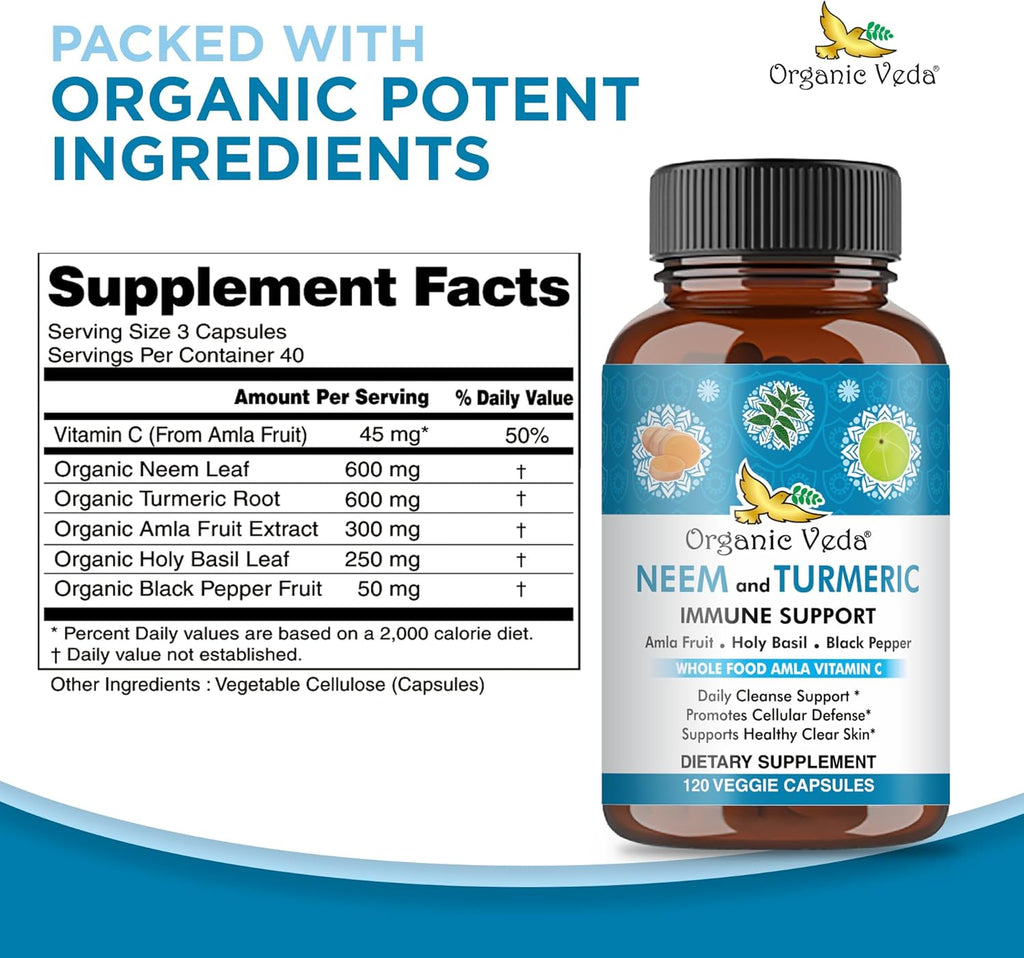 Organic Veda Neem & Turmeric Capsules with Amla Fruit, Tulsi, Holy Basil, Black Pepper Extract - Immune Support Dietary Supplement - Boosts Healthy Clear Skin & Cellular Defense - 120 Vegan Capsules