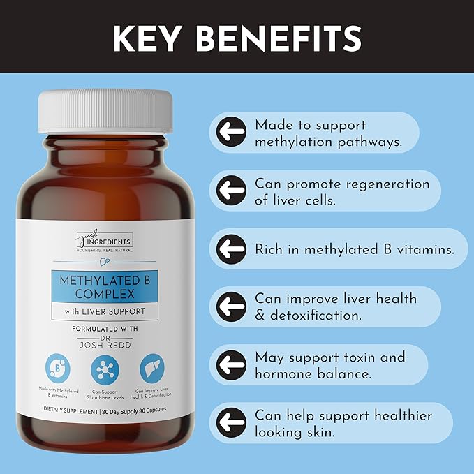 JUST INGREDIENTS Methylated B Complex with Liver Support - Energy, Detox, Glutathione, Skin - 90 Capsules