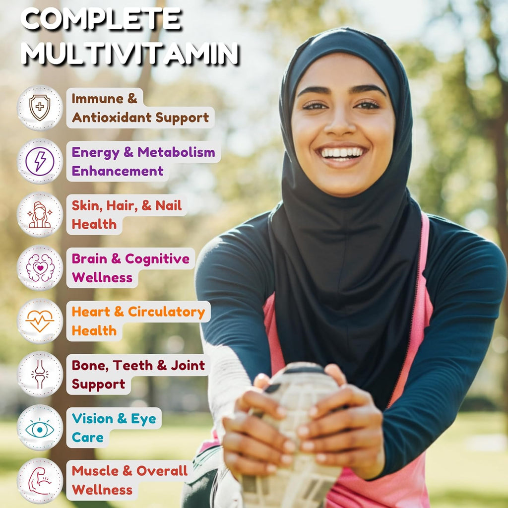 Halal Multivitamins for Women, Men & Adults, 30 Servings | Iron, Vitamin A, B6, B12, Biotin, Niacin, C, D3, E, Zinc, Calcium, Folic Acid, CoQ10 | Halal Vitamins