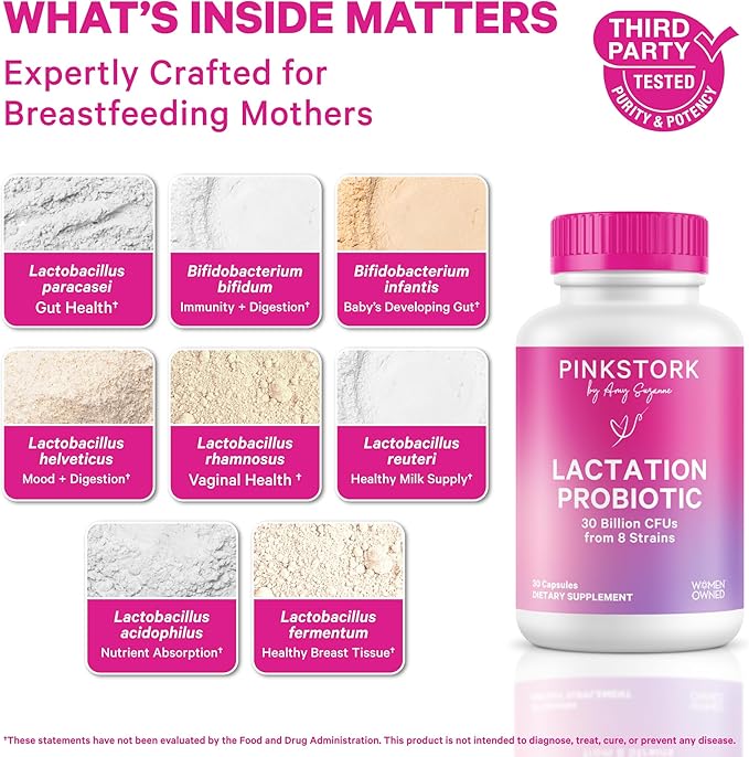 Pink Stork Lactation Probiotic - 30 Billion CFUs Multi Strain Postnatal Probiotics for Breastfeeding Women - Support Breast Milk & Gut Health, Postpartum Essentials, 30 Capsules