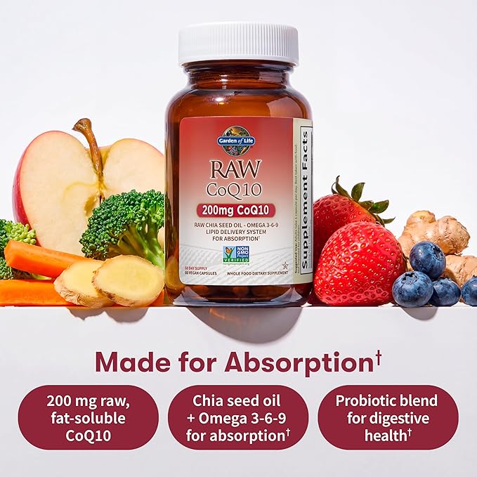 Garden of Life CoQ10 200mg, Vegetarian Omega 3 6 9 Supplement Raw Co Q 10 Chia Seed Oil, Whole Food Nutrition with Antioxidant Support, Coenzyme q10 Supplement for Heart Health, 60 Capsules