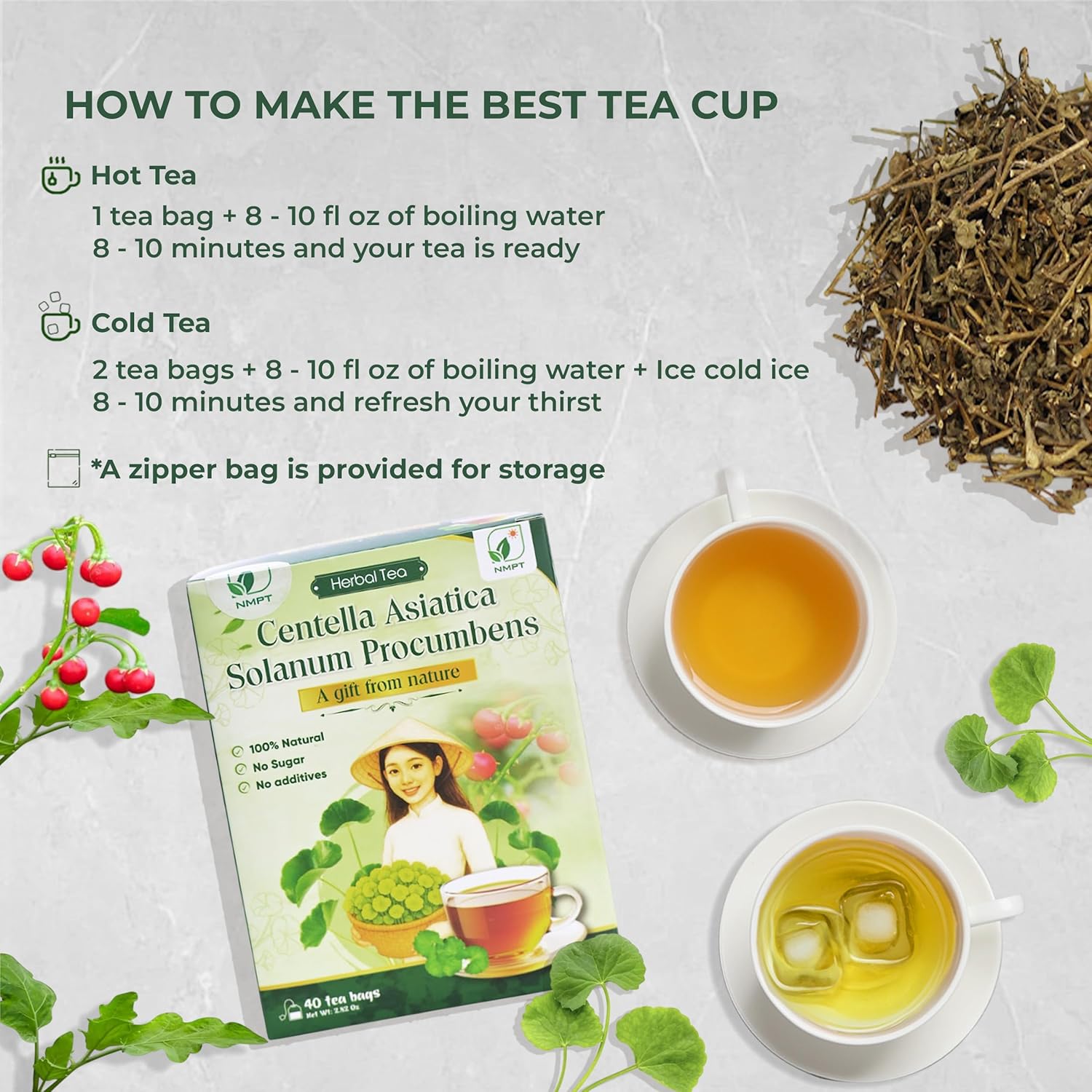 NMPT Dried Centella Asiatica Solanum Procumbens Tea, Handpicked and Handmade, 40 Sachets, Cold-Dried, Gluten-Free, No Added Sugar, Mild Sweet Flavor, Supports Overall Health