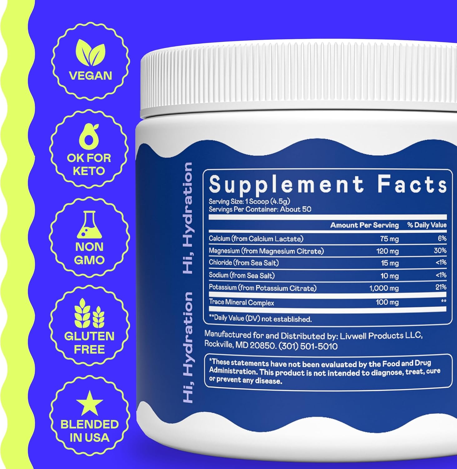 Hi-Lyte K1000 Electrolytes Powder Mix Unflavored Keto & Performance, 50 Servings