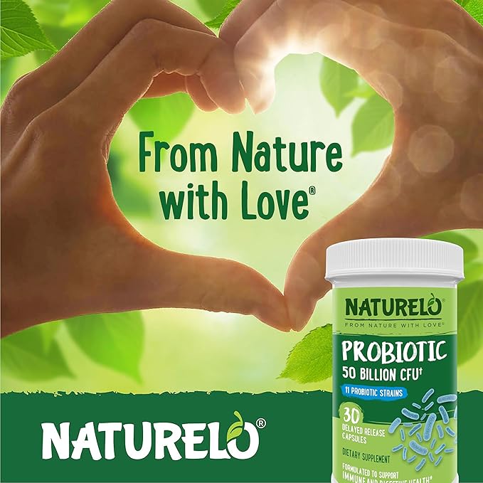 NATURELO Probiotics for Digestive Health, 50 Billion CFU, 30 Vegetarian Capsules, 11 Strains, Daily Use Supplement, Delayed Release, No-Fridge, Helps Boost Immune System, Probiotics for Women & Men