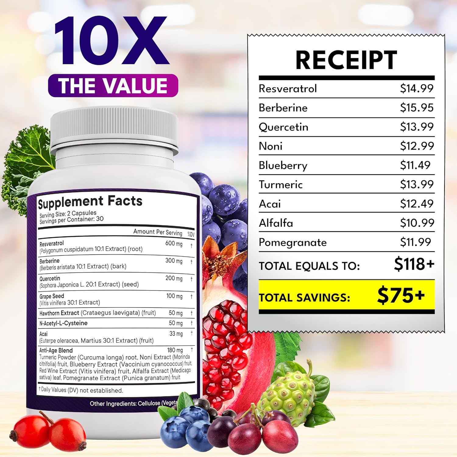 NEW AGE Resveratrol, Berberine, Grape Seed Extract, Quercetin, Polyphenol Supplement for Women and Men with Noni Extract, N-Acetyl Cysteine, Acai Extract - 120 Capsules
