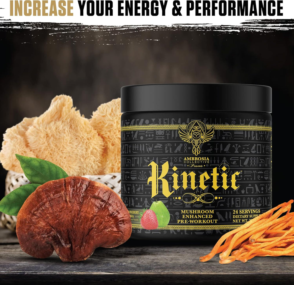 Ambrosia Kinetic Organic Preworkout, Mushroom Enhanced Natural Pre Workout Supplement, Nootropic Superfood Powder for Energy (Strawberry Guava)