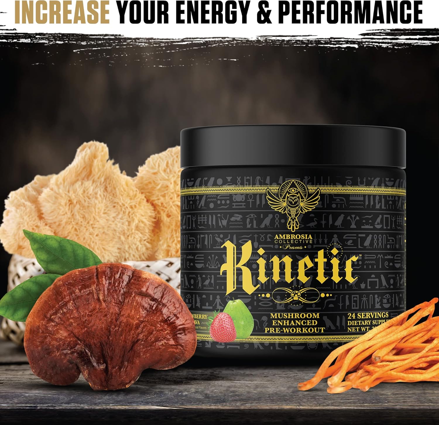 Ambrosia Kinetic Organic Preworkout, Mushroom Enhanced Natural Pre Workout Supplement, Nootropic Superfood Powder for Energy (Strawberry Guava)