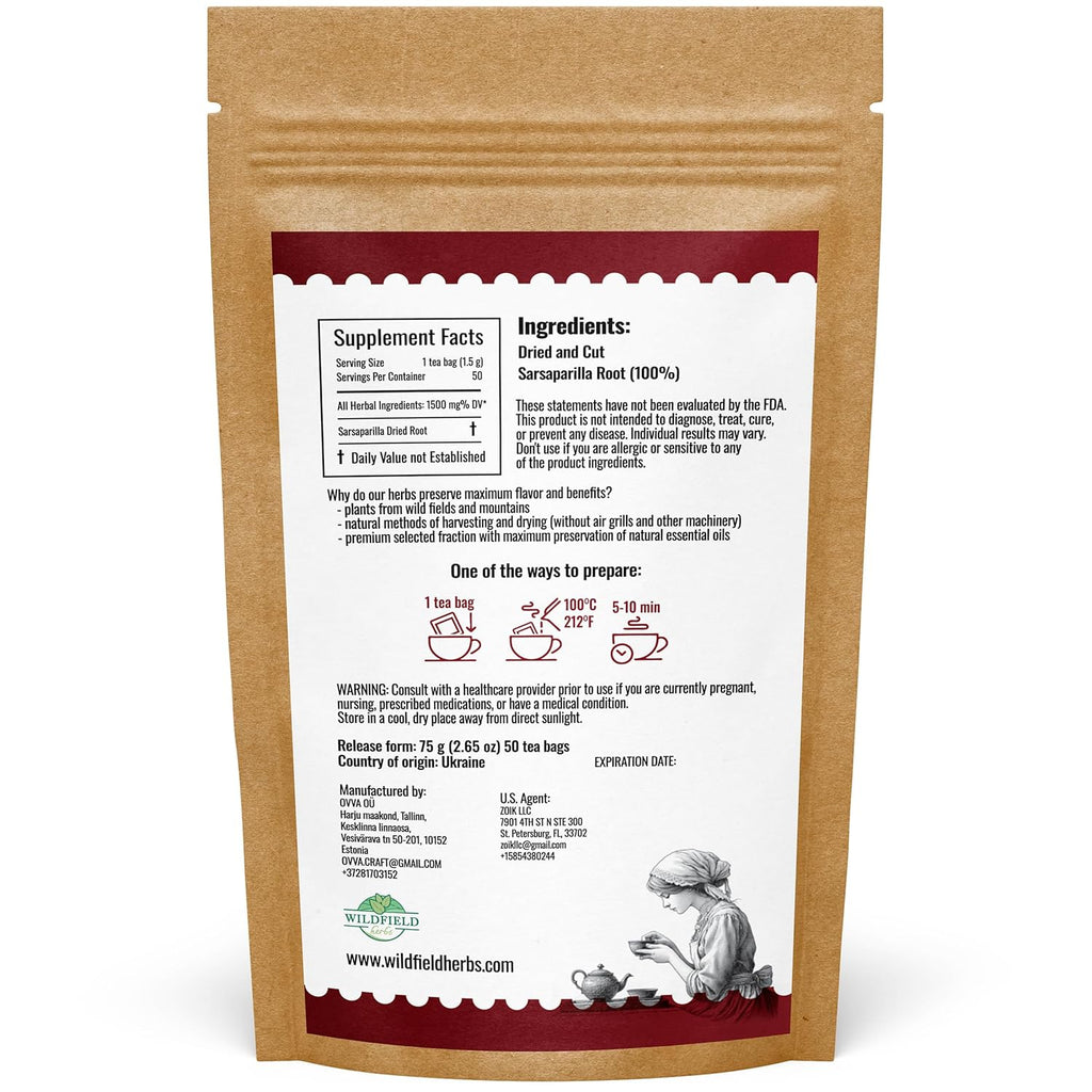 50 Bags Sarsaparilla Root Tea Herbal Tea (Smilax glabra) - 50 Count 1.5g Bag Sasperella Root Herb Tea raíz de zarzaparella