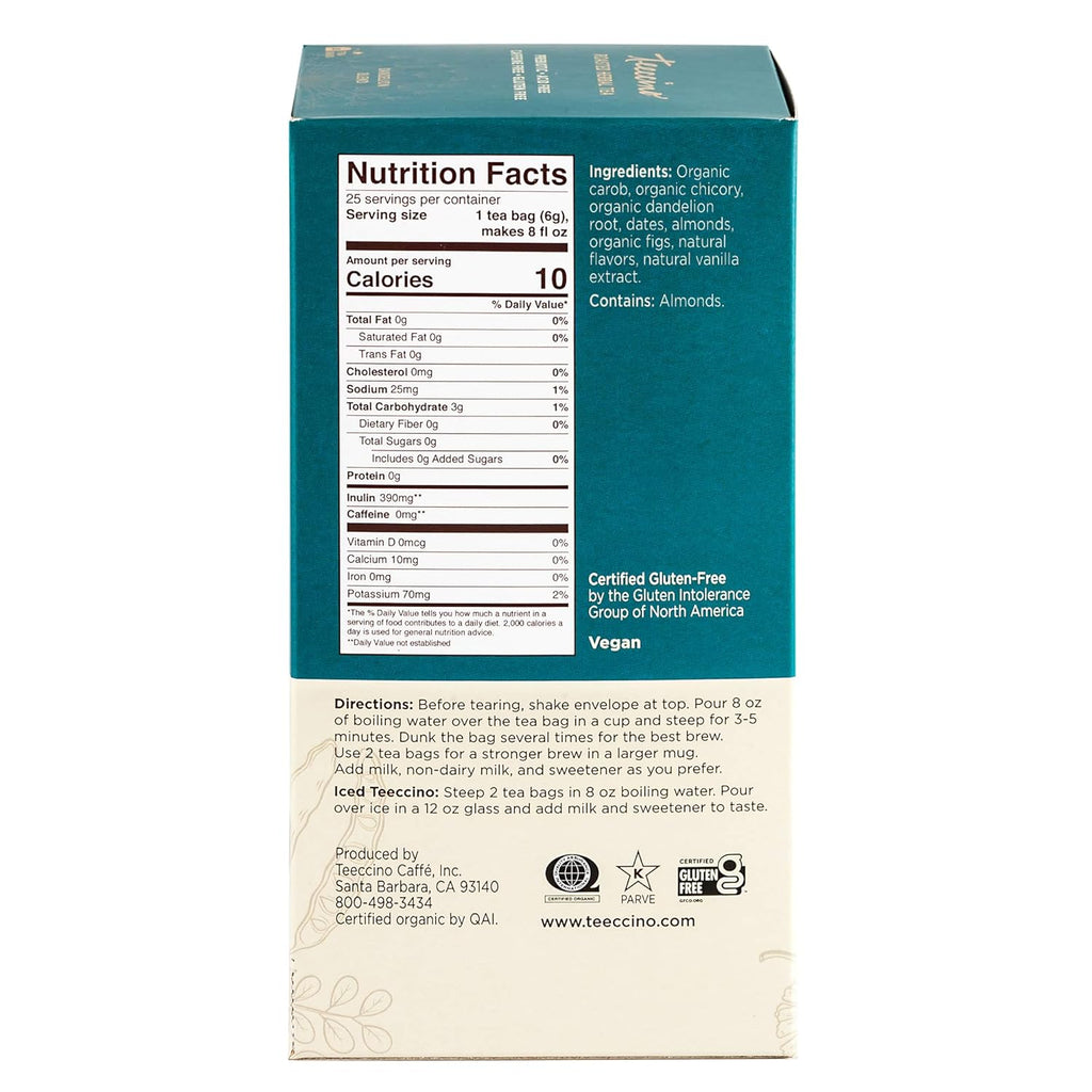 Teeccino Dandelion Herbal Tea - Vanilla Nut - Caffeine Free, Prebiotic, Gluten Free, 3x More Herbs - 25 Tea Bags