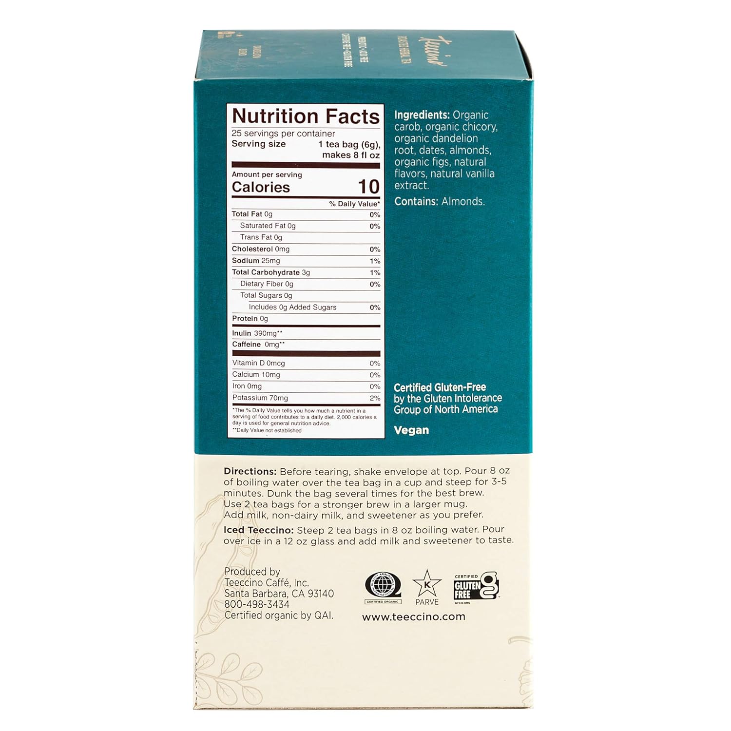 Teeccino Dandelion Herbal Tea - Vanilla Nut - Caffeine Free, Prebiotic, Gluten Free, 3x More Herbs - 25 Tea Bags