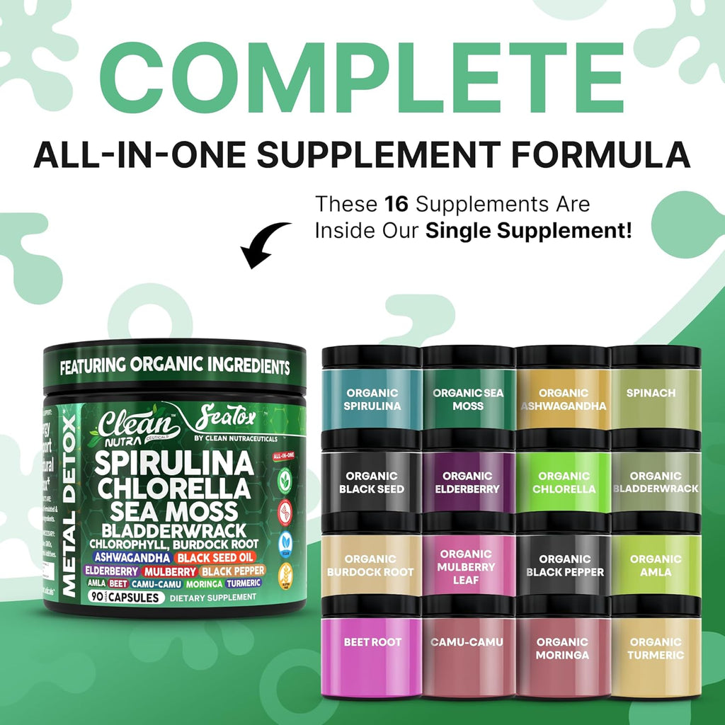 Sea Tox Organic Spirulina and Chlorella Capsules Natural Cleansing & Nourishment Sea Moss Bladderwrack Chlorophyll Burdock Root Ashwagandha Turmeric 90 Vegan Black Seed Oil Capsules by Clean Nutra