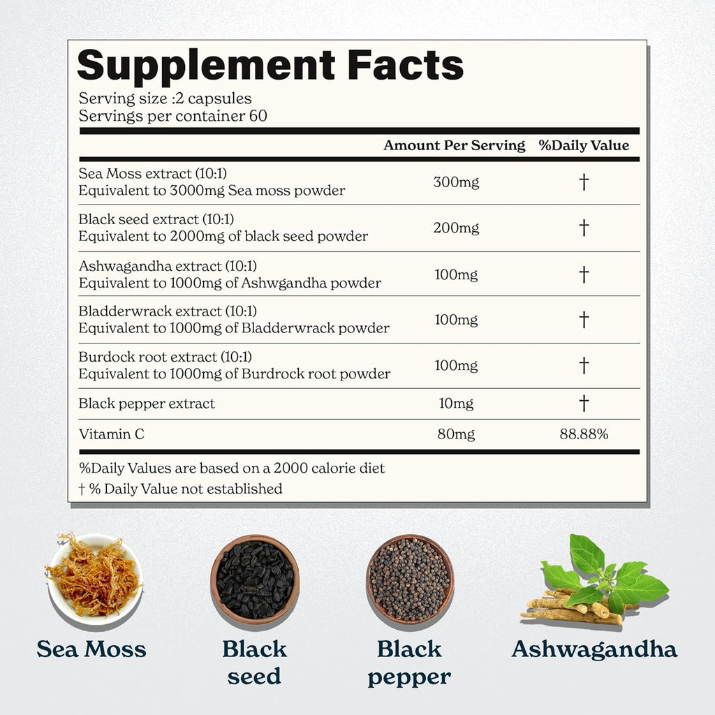 Seamoss Capsules- Irish Sea Moss with Black Seed Oil, Ashwagandha & Black Pepper for Stamina, Strength & Endurance- High Potency Sea Moss Supplement - 60 Servings, 120 Capsule