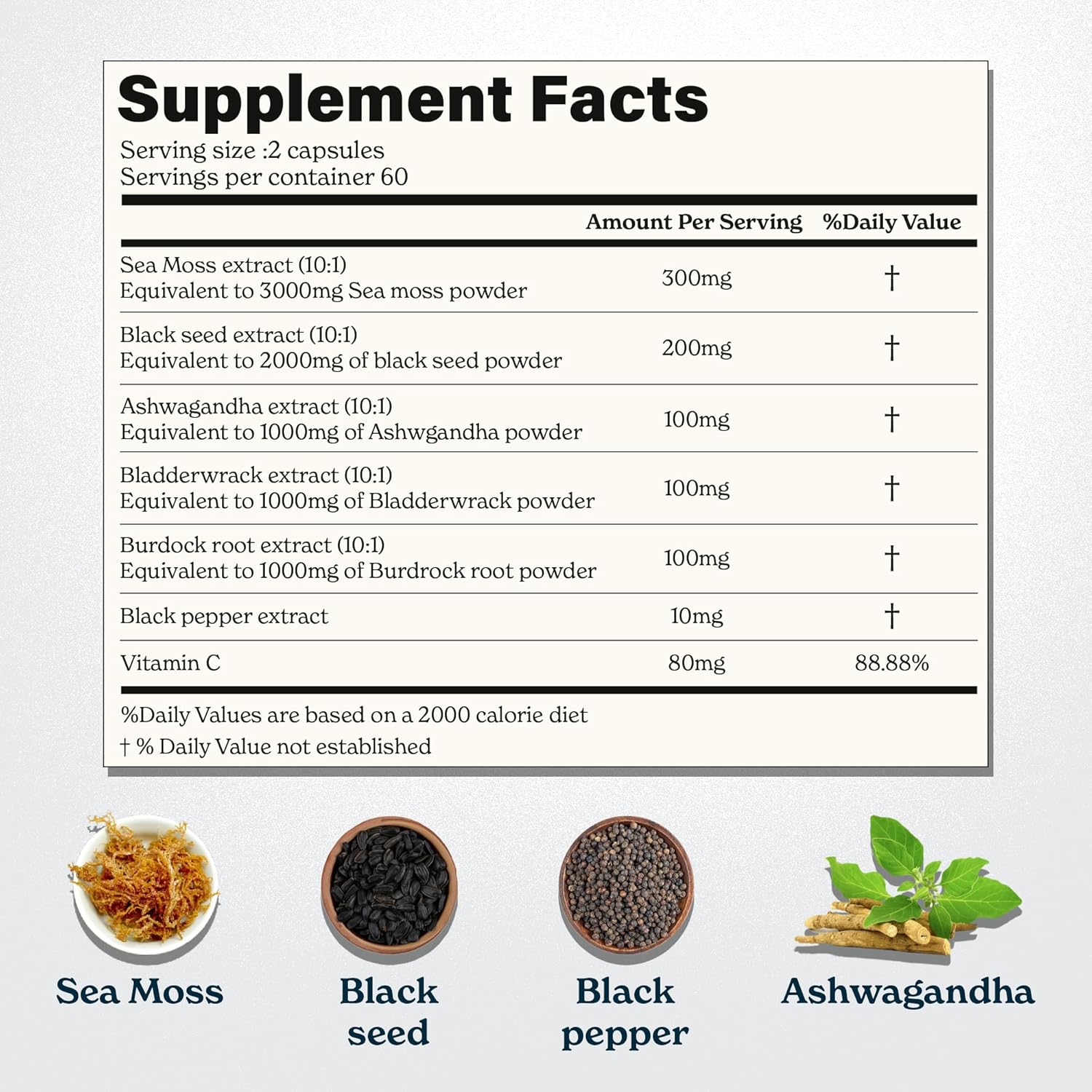 Seamoss Capsules- Irish Sea Moss with Black Seed Oil, Ashwagandha & Black Pepper for Stamina, Strength & Endurance- High Potency Sea Moss Supplement - 60 Servings, 120 Capsule