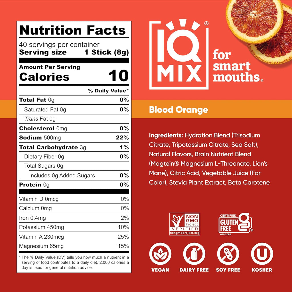 IQMIX Hydration Electrolyte Powder – 4-in-1 Formula for Hydration, Mental Clarity, Mood and Recovery – Sugar-Free Drink Mix, Keto, Magnesium L-Threonate, Lion’s Mane – 40 Count Blood Orange