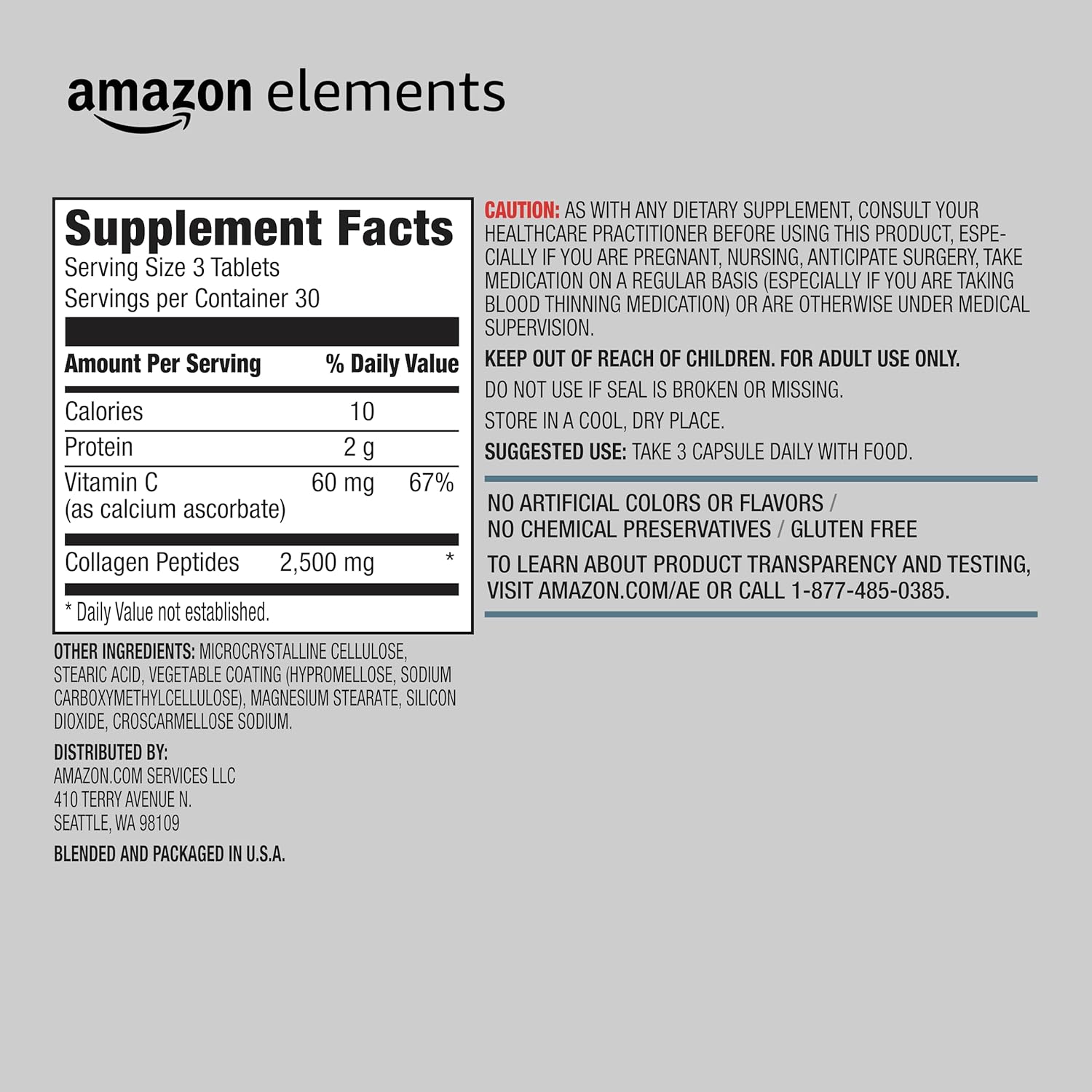 Amazon Elements Collagen Peptides + Vitamin C, 2500 mg Collagen Peptides per Serving, 90 Tablets, 1 Month Supply