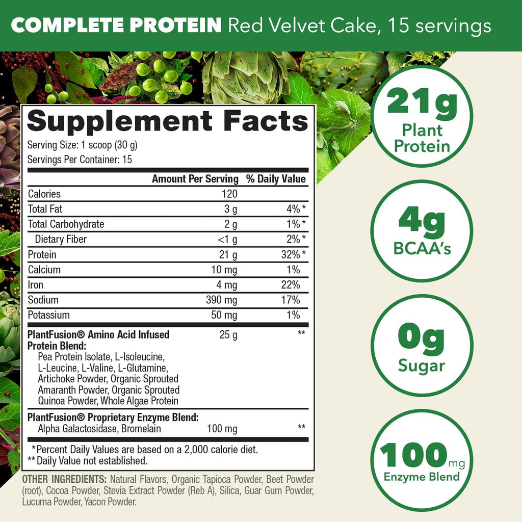 PlantFusion Complete Vegan Protein Powder - Plant Based Protein Powder With BCAAs, Digestive Enzymes and Pea Protein - Keto, Gluten Free, Soy Free, Non-Dairy, No Sugar, Non-GMO - Red Velvet 1 lb