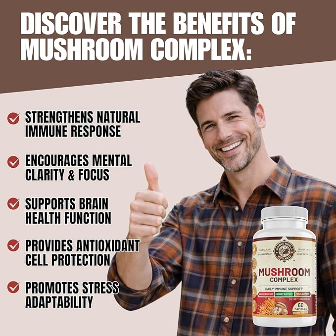 All Natural Mushroom Complex 10 in 1 | Daily Immune & Energy Support | Lions Mane, Chaga, Resihi | Gluten Free, Dairy Free, Soy Free | 60 Capsules | Made in The USA.