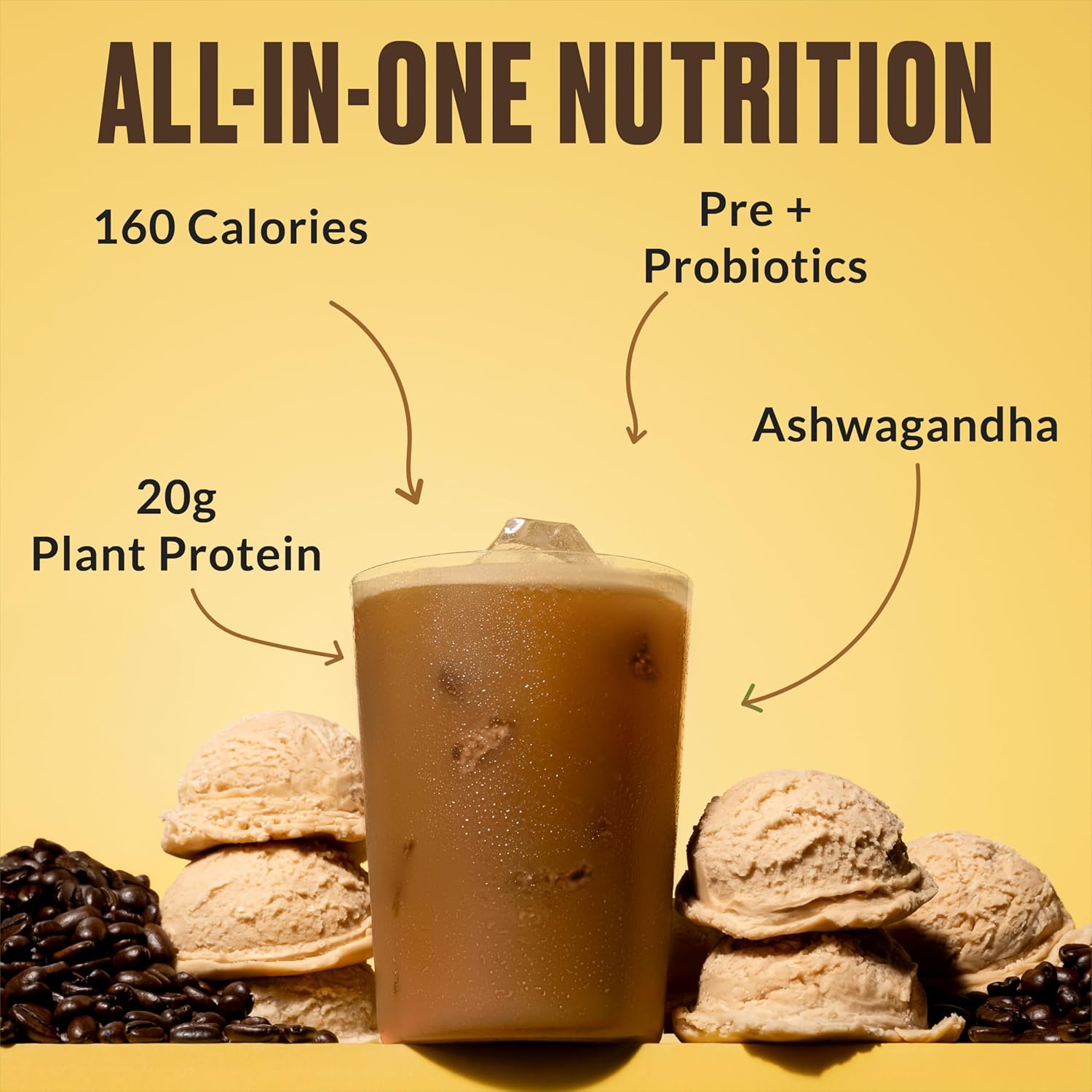 VitaHustle ONE Protein Coffee - Superfood Meal Replacement Powder, Plant Based Protein Shake Powder, Vegan. Superfoods, Vitamins, Ashwagandha, Functional Mushroom Blend (Cafe Latte) 15 Servings