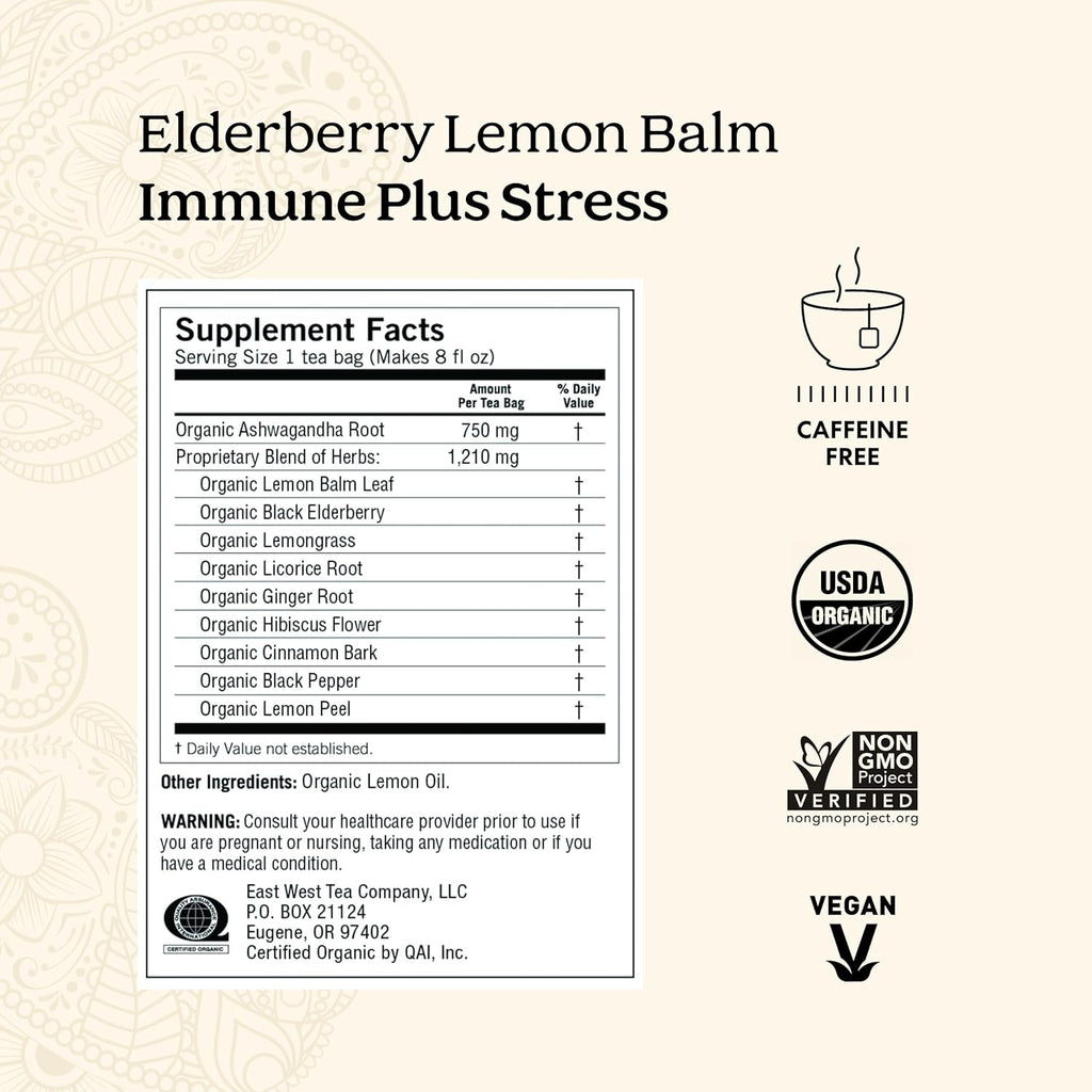 Yogi Tea Elderberry Lemon Balm Immune & Stress Tea - 16 Tea Bags per Pack (6 Packs) - Organic Immune Support Tea - Includes Ashwagandha Root, Lemon Balm Leaf, Lemongrass, Licorice Root & More.