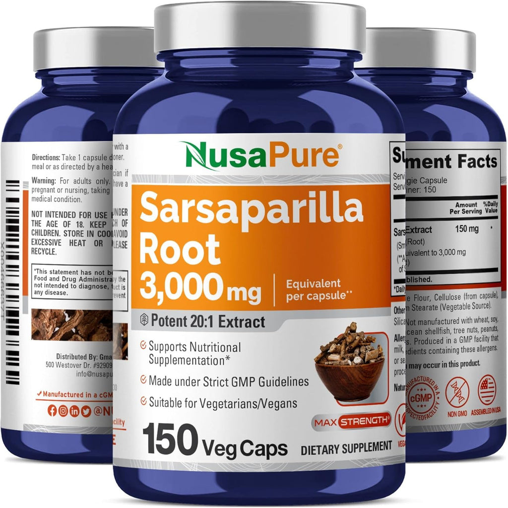NusaPure Sarsaparilla Root 20:1 Extract, 150 mg Equivalent to 3,000mg | 150 Veggie Caps | Non-GMO