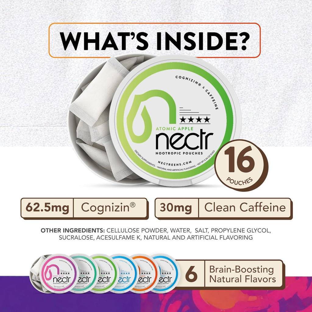 Nectr Energy Nootropic Pouches – Iced Mango Flavored, Caffeine Pouches with Cognizin® Citicoline. Sugar-Free Brain Treats. Smooth, Sustained Focus & Energy Supplement - 1 Puck of 16pcs