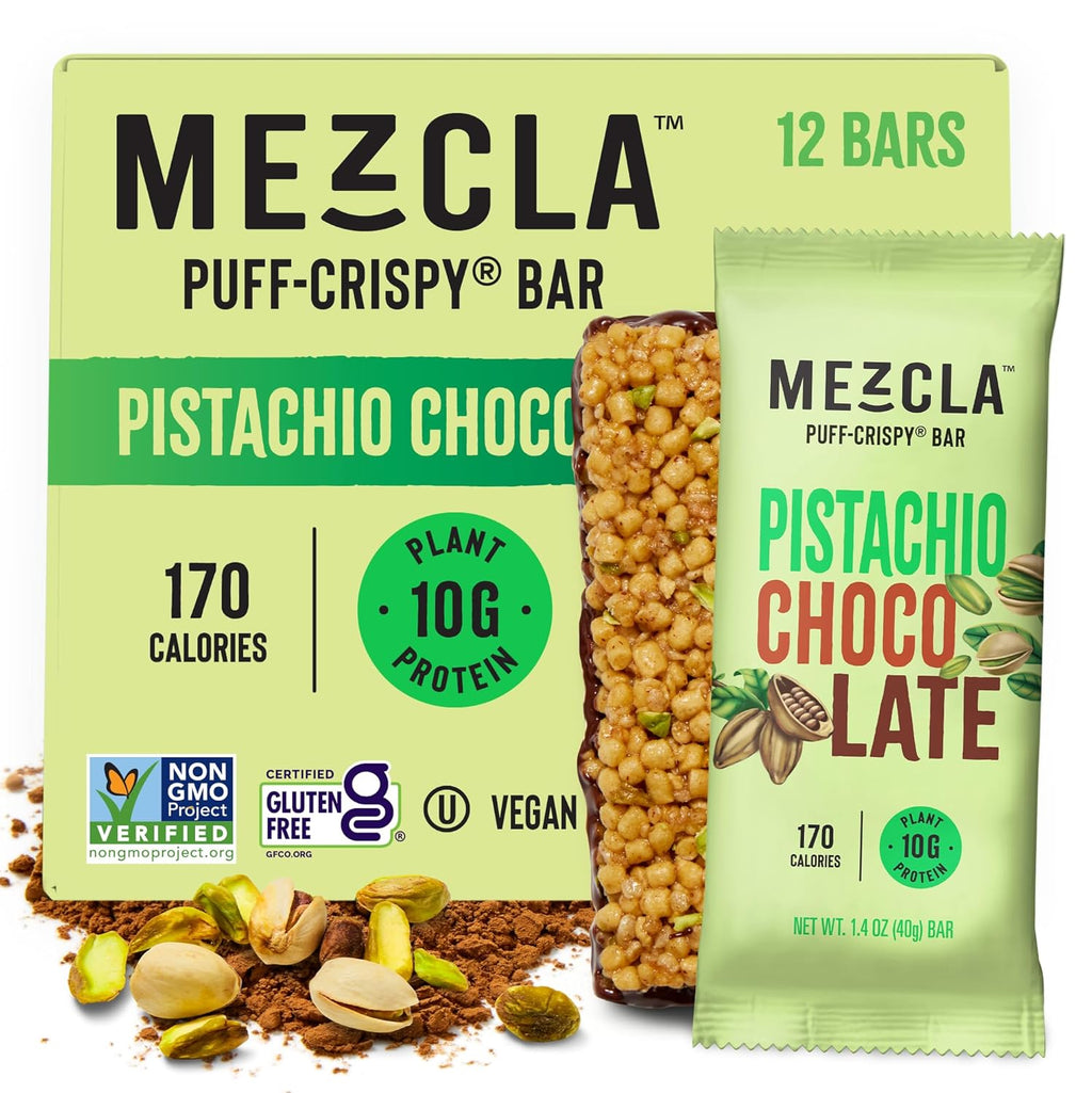 Mezcla Puff Crispy Protein Bars, Gluten Free & Vegan Protein Bars, 10g Protein, Alt for Pistachio Dubai Chocolate Bar, Granola Bars & Breakfast Bars, Healthy Snacks for Adults, Pistachio Chocolate, 12 Pack