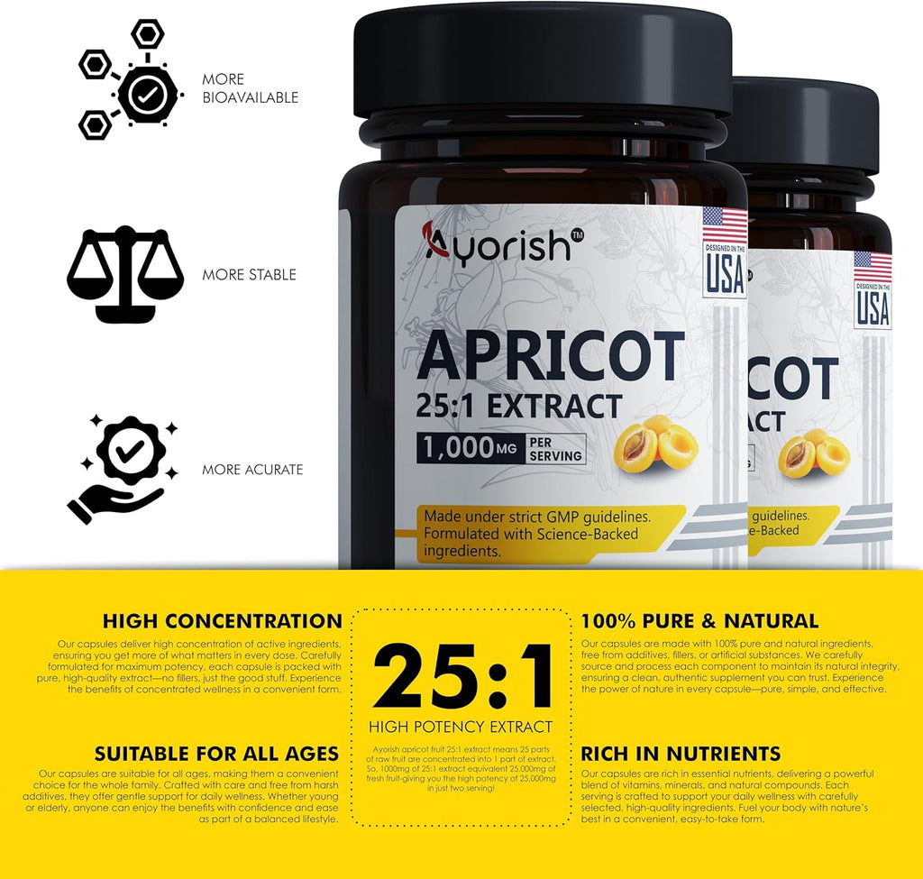 Apricot Extract 25:1, 500 mg per Capsule 1000 mg Per Servings Immune Support Herbal Supplements (Pack of 1) (120 Capsules)