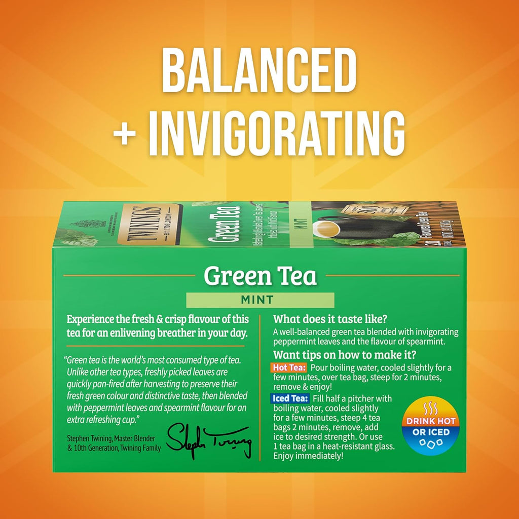 Twinings Green Tea with Mint Individually Wrapped Bags, 20 Count (Pack of 6), Invigorating Aroma, Caffeinated, Enjoy Hot or Iced, 120 Teabags