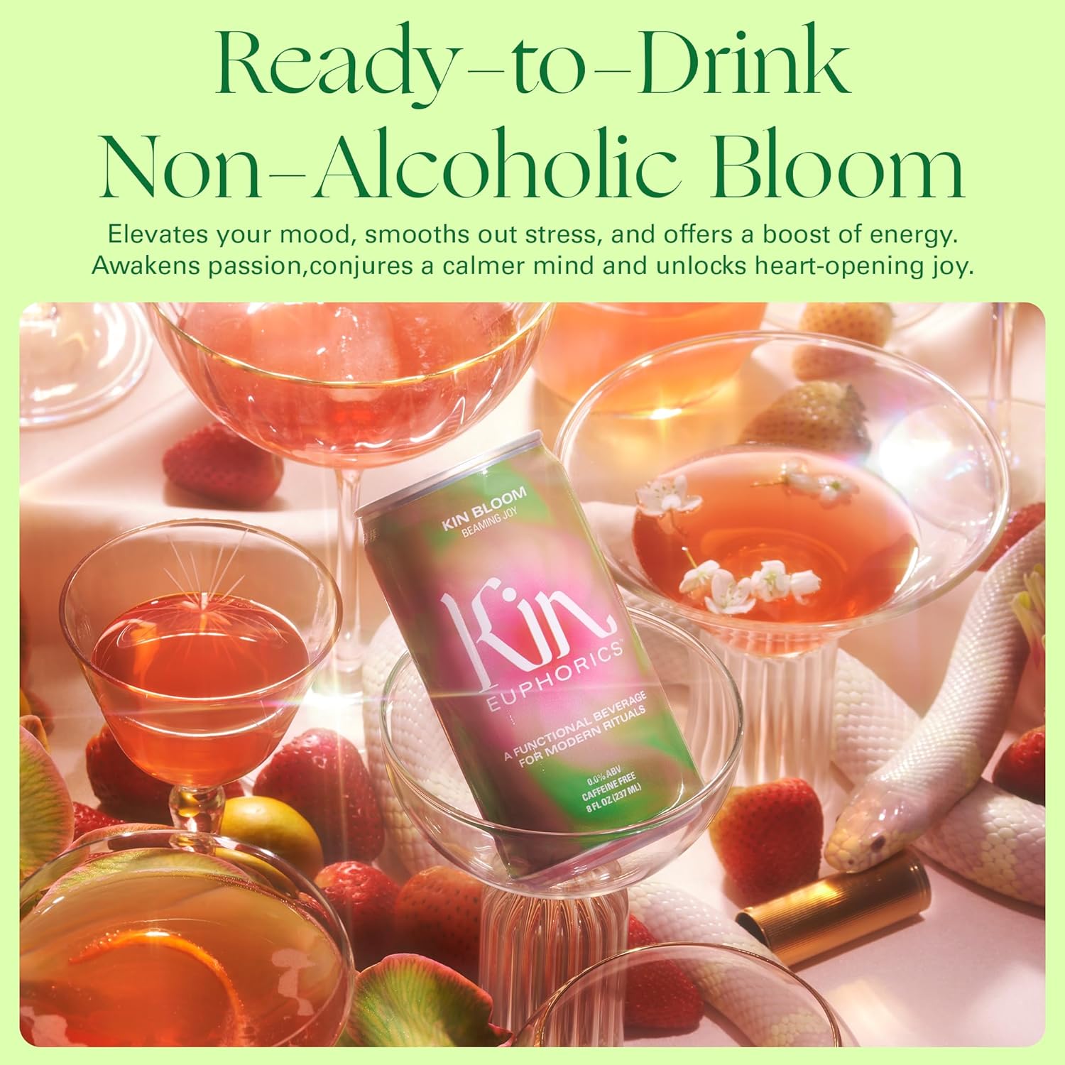 Kin Euphorics Kin Bloom Non-Alcoholic Functional Beverage | All day rosé | Elevate Your Mind & Spirit | Prebiotic | L-Theanine, Schisandra, Damiana | Ready to Drink | 8 Fl Oz (12pk)