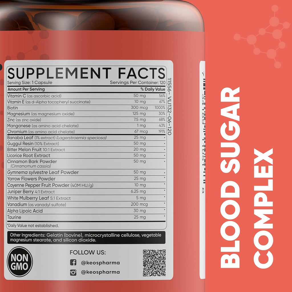 Blood Sugar Complex, 60 Capsules, Up to 2 Months Supply with Magnesium, Cinnamon, Zinc, Vitamin C,E, Biotin and Other