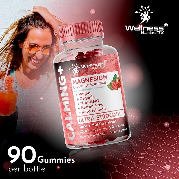 Magnesium Glycinate Gummies, 1000 mg - Magnesium Supplement to Support Relaxation, Heart Health - Chewable Calm Magnesio Gummies for Adults, Glicinato De Magnesio - Strawberry Flavor - Pack of 3