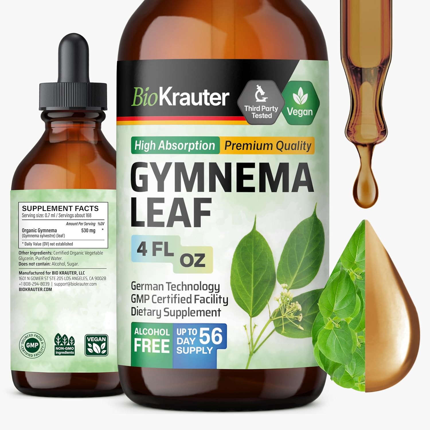 BIO KRAUTER Gymnema Sylvestre Extract Drops - Alcohol and Sugar Free - Vegan Gymnema Leaf Extract 4 Fl.Oz.