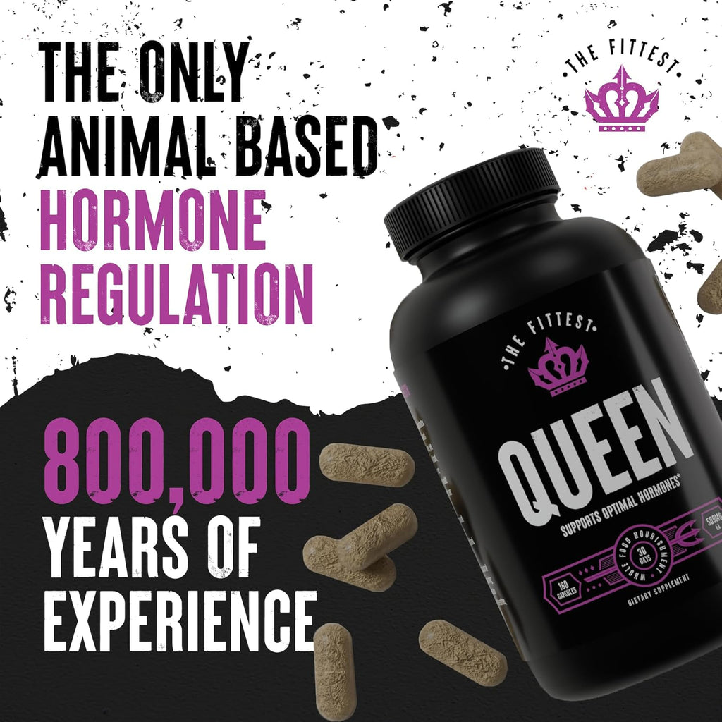The Fittest Queen Supplement - Supports Hormone Balance, Fertility, Performance and Energy for Women - Grass fed Bovine Ovary, Liver, Bone Marrow & Heart - 180 Capsules
