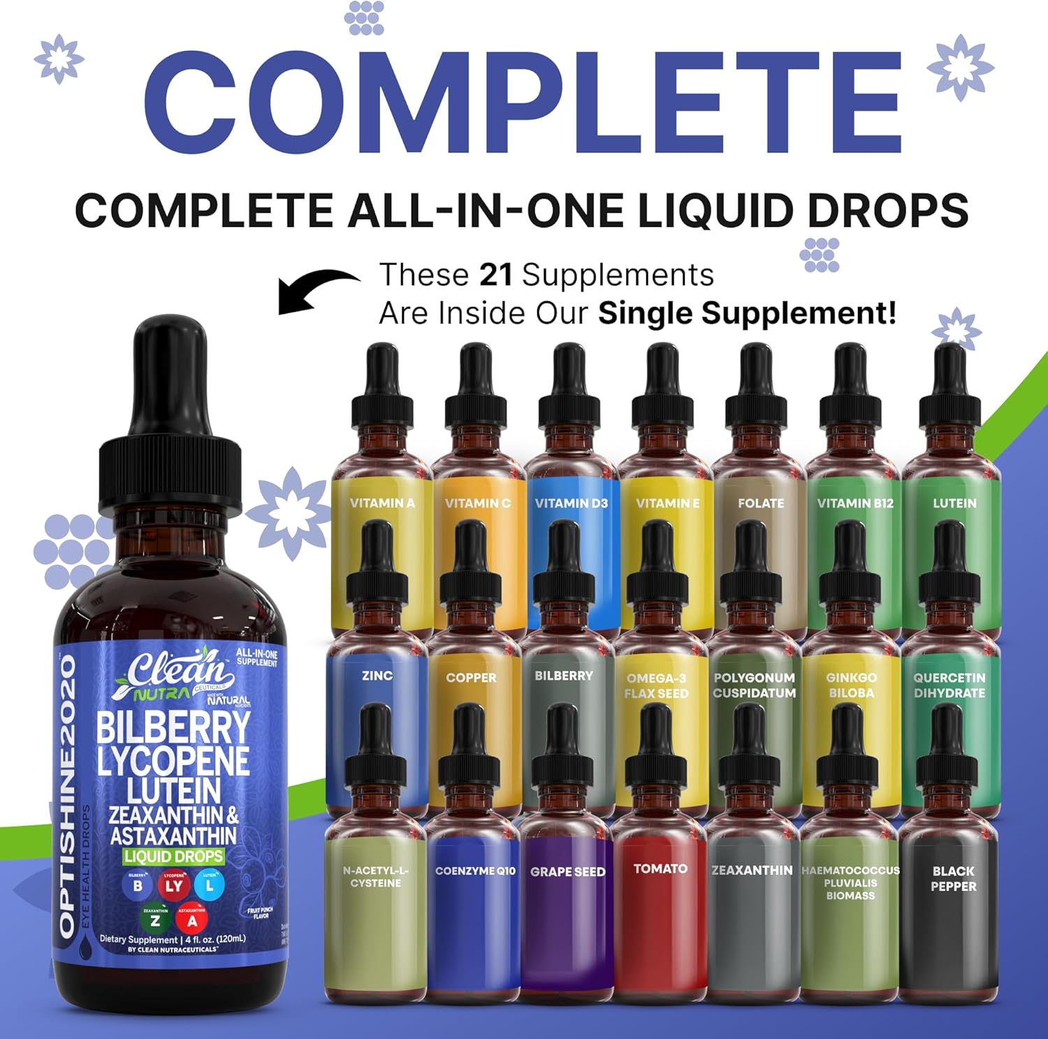 Clean Nutra Eye Vitamins Liquid Drops | Bilberry Lutein & Zeaxanthin Lycopene Astaxanthin | All-in-One Care for Eyes | Eye Health Support Vitamin and Mineral Supplement Fruit Flavor