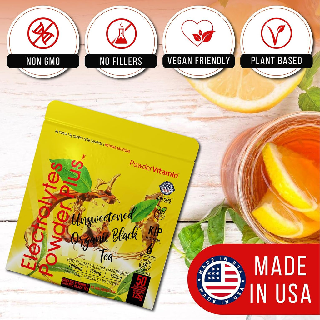 PowderVitamin Electrolytes Powder Plus (50 Servings) Unsweetened Black Tea Electrolyte Powder Keto,SugarFree, Pink Himalayan Salt,1000mgPotassium,150mgCalcium,150mgMagnesium,Hydration Powder NO STEVIA
